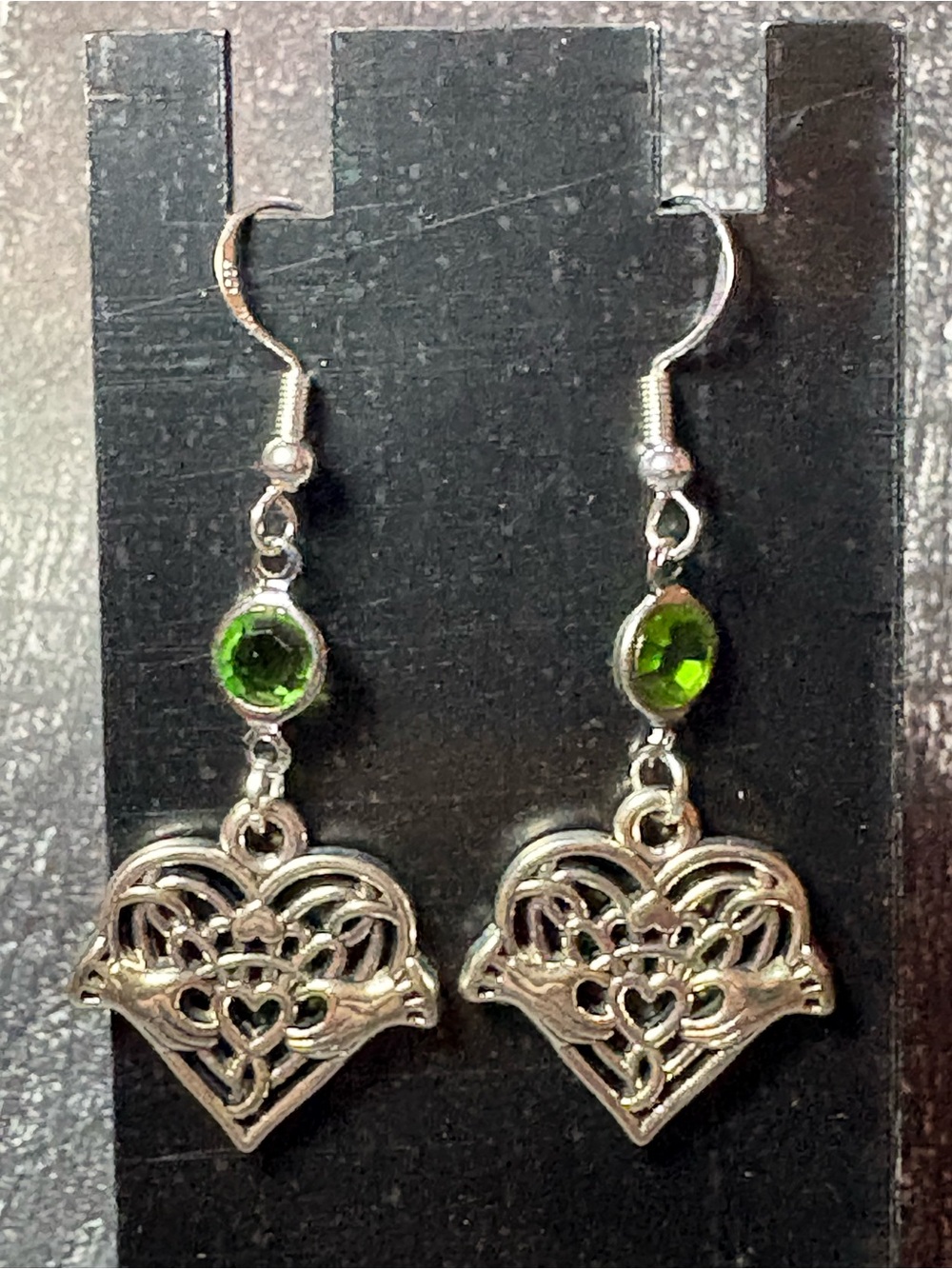 Silver Heart claddagh Drop Earrings with Green crystals